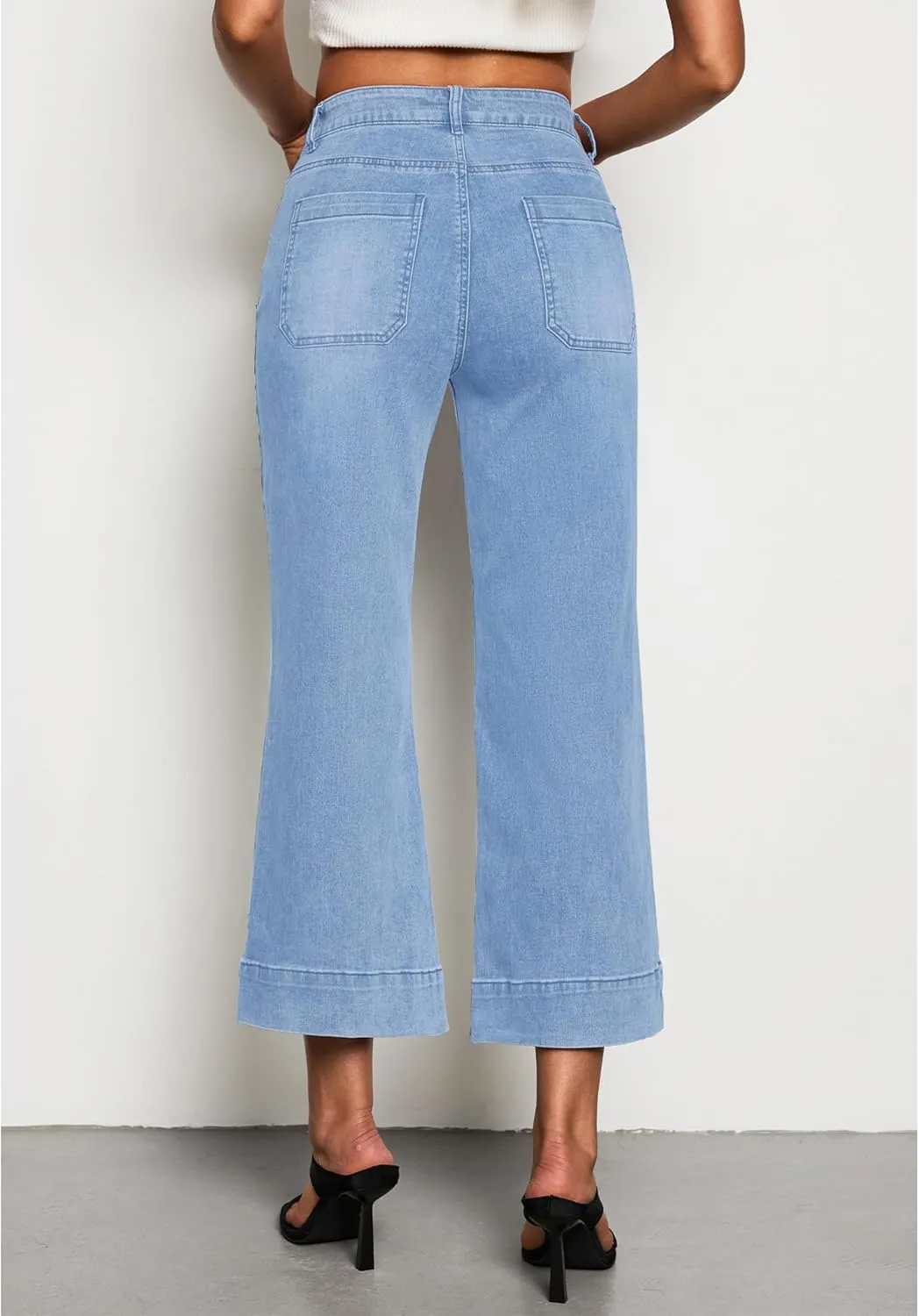 LookbookStore Wide Leg Cropped Jeans for Women High Waisted Stretchy Denim Jean Pants Baggy Flare Trouser Jeans Pockets