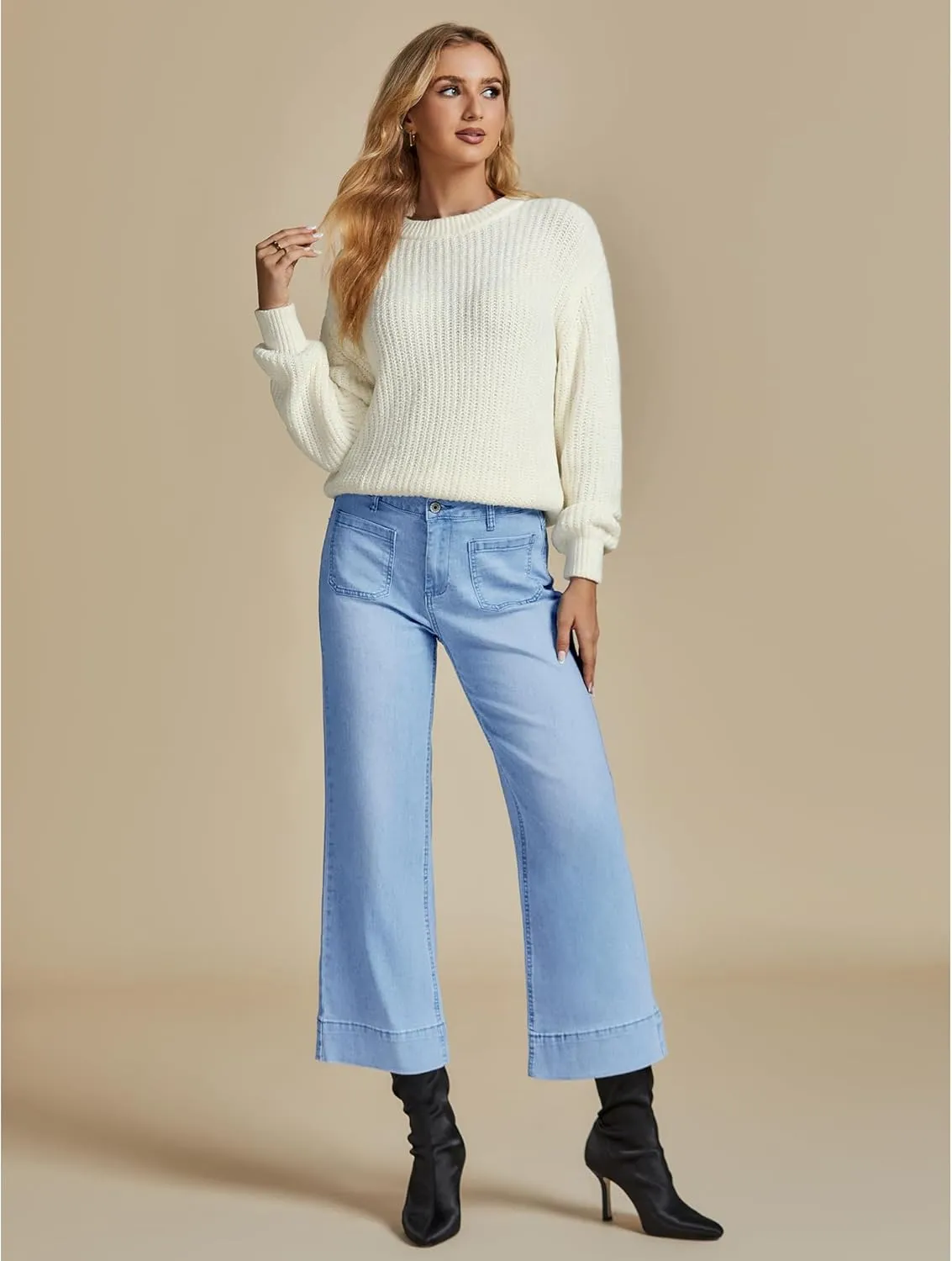 LookbookStore Wide Leg Cropped Jeans for Women High Waisted Stretchy Denim Jean Pants Baggy Flare Trouser Jeans Pockets