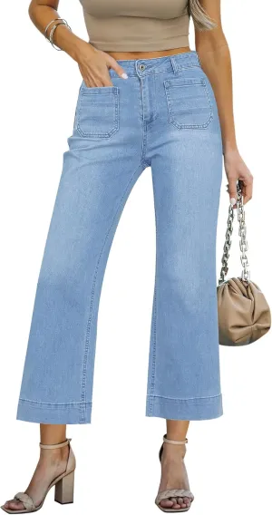 LookbookStore Wide Leg Cropped Jeans for Women High Waisted Stretchy Denim Jean Pants Baggy Flare Trouser Jeans Pockets