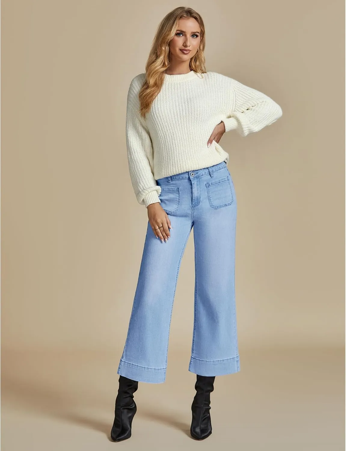 LookbookStore Wide Leg Cropped Jeans for Women High Waisted Stretchy Denim Jean Pants Baggy Flare Trouser Jeans Pockets