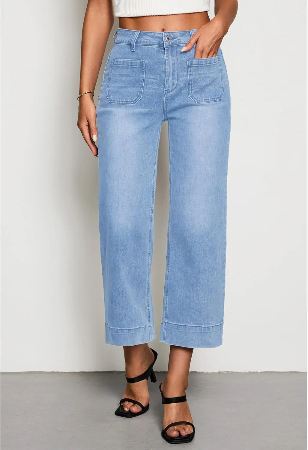 LookbookStore Wide Leg Cropped Jeans for Women High Waisted Stretchy Denim Jean Pants Baggy Flare Trouser Jeans Pockets