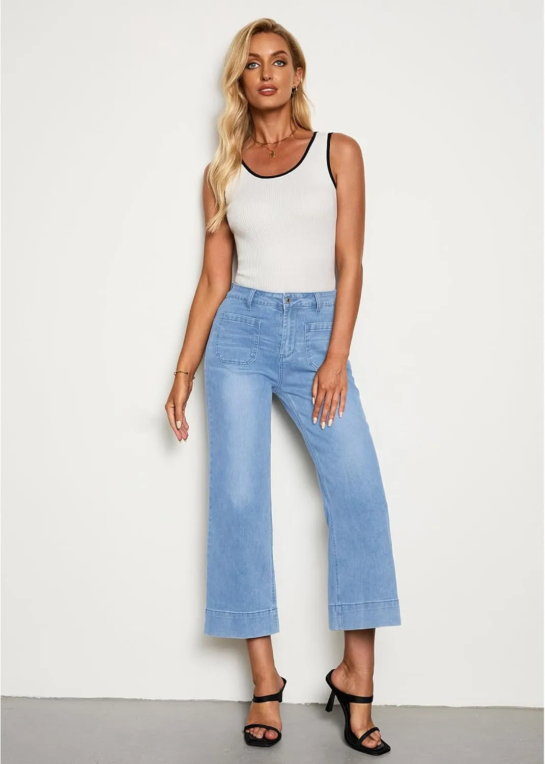 LookbookStore Wide Leg Cropped Jeans for Women High Waisted Stretchy Denim Jean Pants Baggy Flare Trouser Jeans Pockets