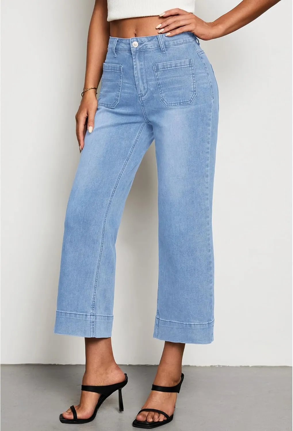 LookbookStore Wide Leg Cropped Jeans for Women High Waisted Stretchy Denim Jean Pants Baggy Flare Trouser Jeans Pockets
