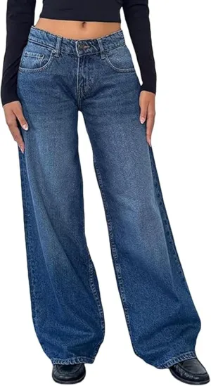 Low Rise Baggy Jeans for Women y2k Straight Wide Leg Boyfriend Trendy Cute Jeans White Long Denim Pants