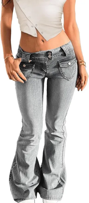 Low Rise Flare Jeans for Women Baggy Y2K Stretchy Bell Bottom Denim Pants 90s Vintage Washed Jeans with Pockets