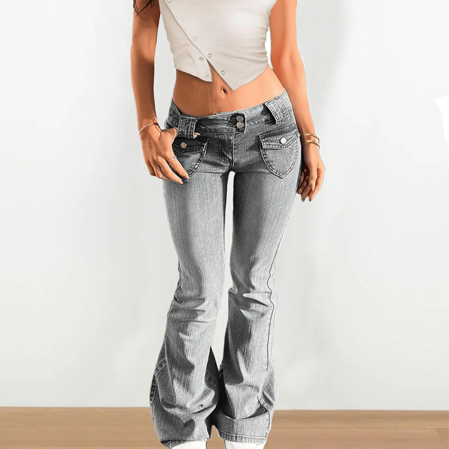 Low Rise Flare Jeans for Women Baggy Y2K Stretchy Bell Bottom Denim Pants 90s Vintage Washed Jeans with Pockets
