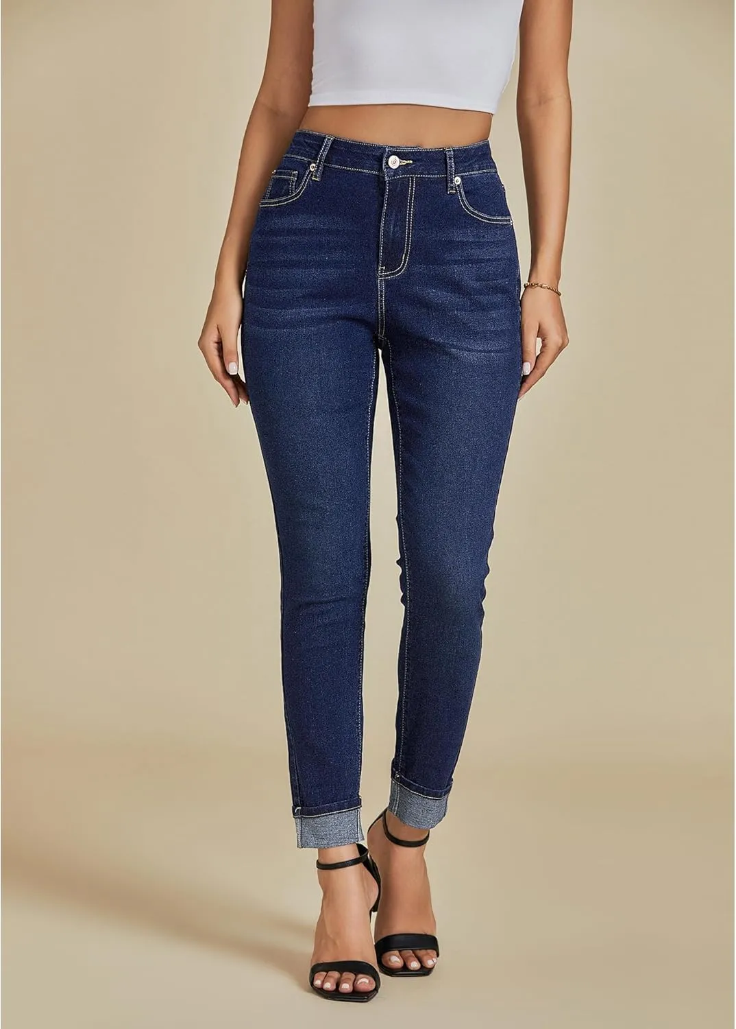 luvamia Skinny Jeans for Women Trendy High Waisted Fold Hem Slim Fit Stretchy Denim Pants Jeggings Jeans with Pockets