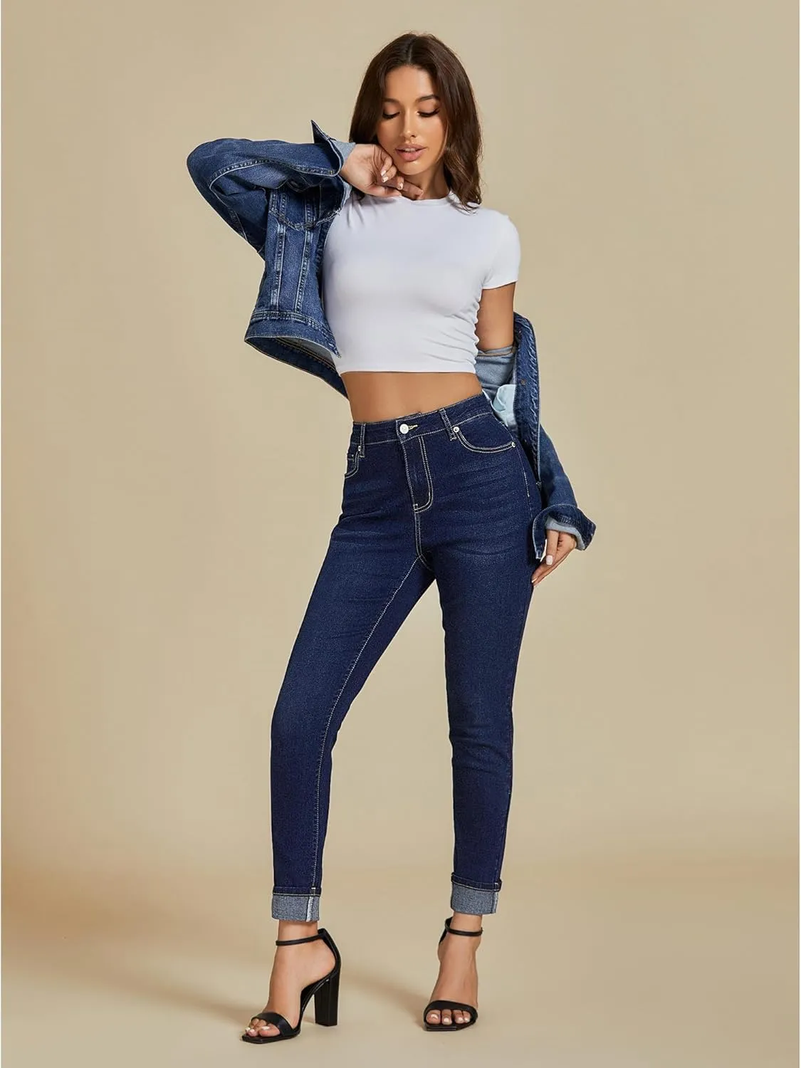 luvamia Skinny Jeans for Women Trendy High Waisted Fold Hem Slim Fit Stretchy Denim Pants Jeggings Jeans with Pockets