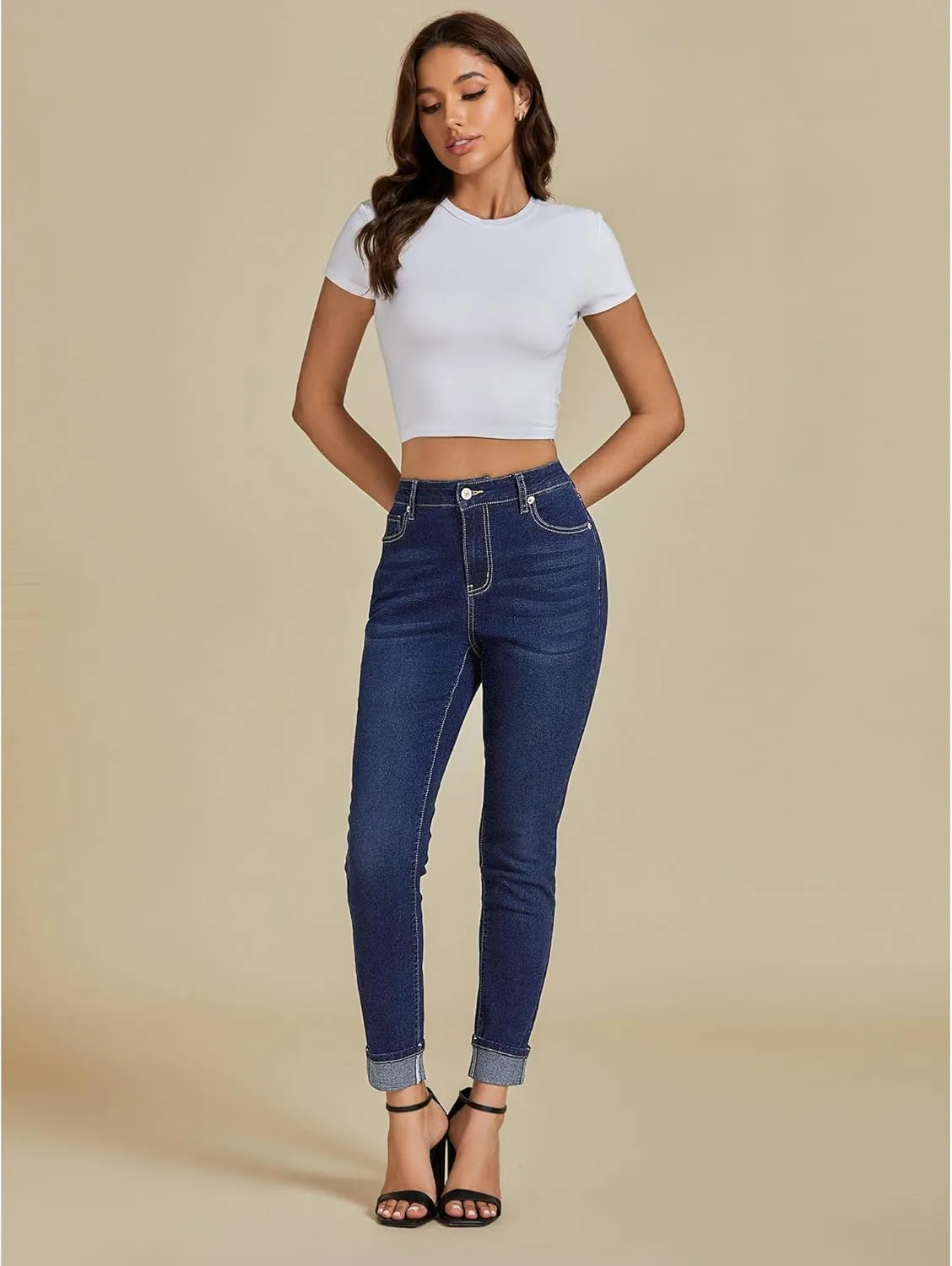 luvamia Skinny Jeans for Women Trendy High Waisted Fold Hem Slim Fit Stretchy Denim Pants Jeggings Jeans with Pockets