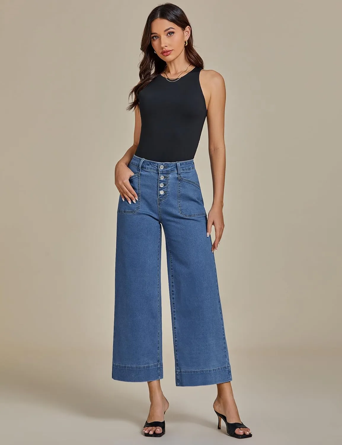 luvamia Wide Leg Jeans for Women Cropped High Waisted Trendy Button Fly Patch Pocket Stretchy Denim Pants Trousers Jeans