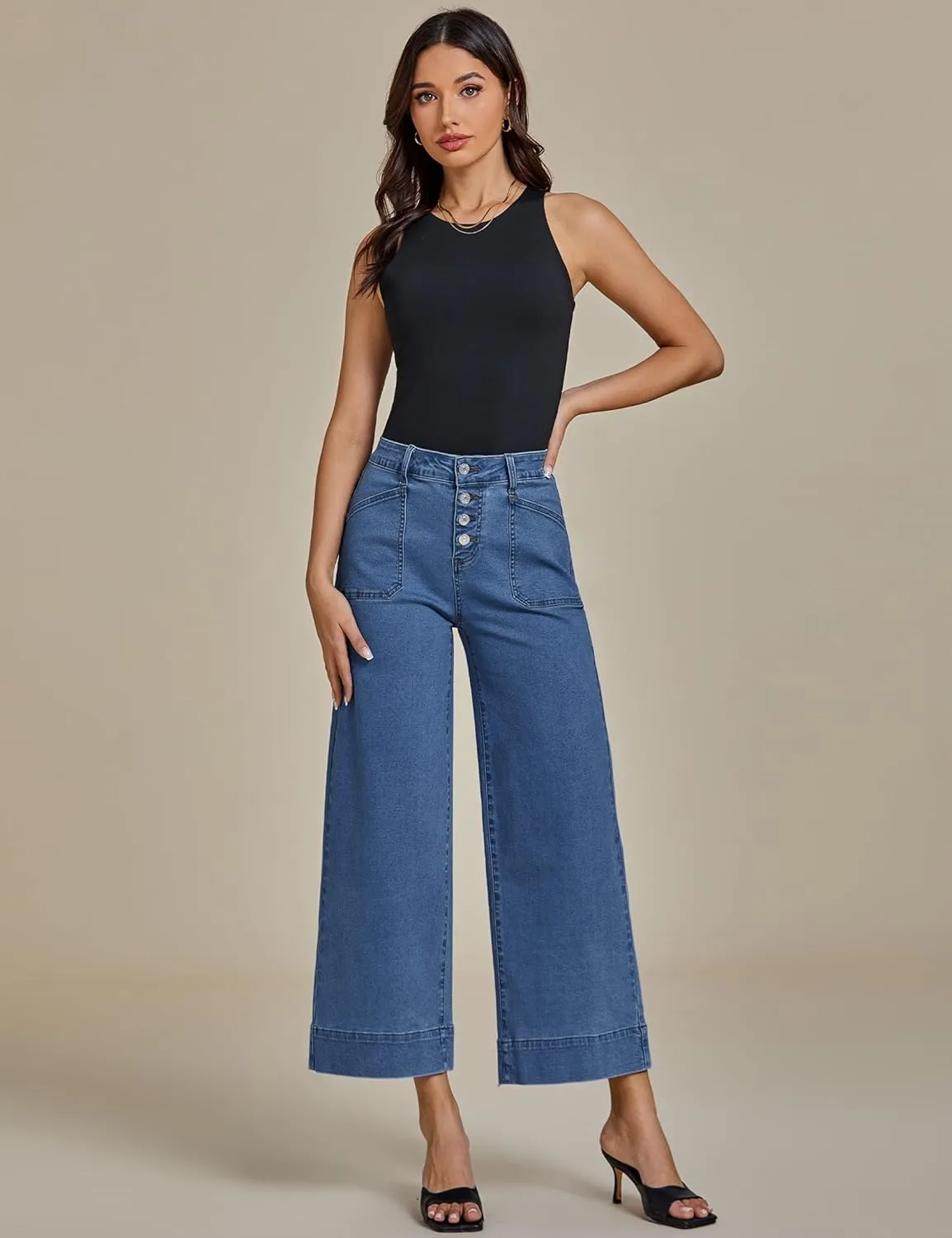 luvamia Wide Leg Jeans for Women Cropped High Waisted Trendy Button Fly Patch Pocket Stretchy Denim Pants Trousers Jeans