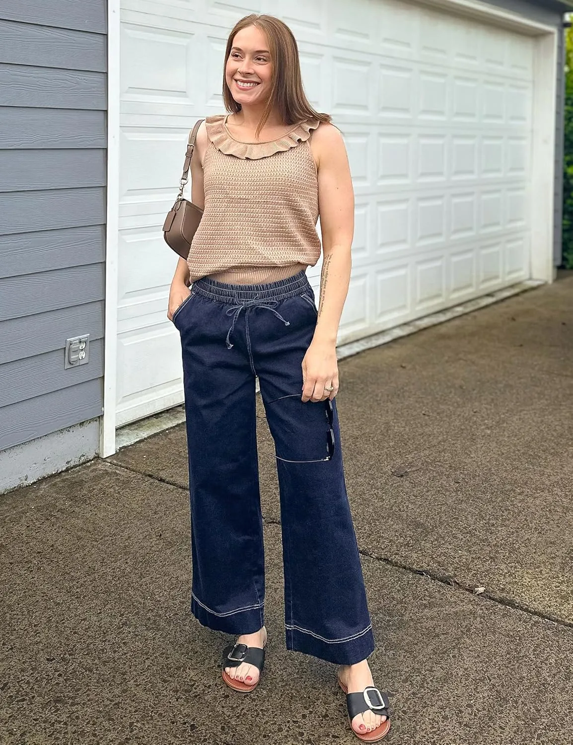 luvamia Wide Leg Jeans for Women High Waisted Cropped Pull On Jeans Elastic Wasit Drawstring Stretch Denim Trouser Pants