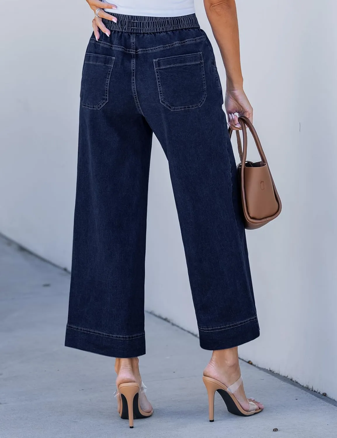 luvamia Wide Leg Jeans for Women High Waisted Cropped Pull On Jeans Elastic Wasit Drawstring Stretch Denim Trouser Pants
