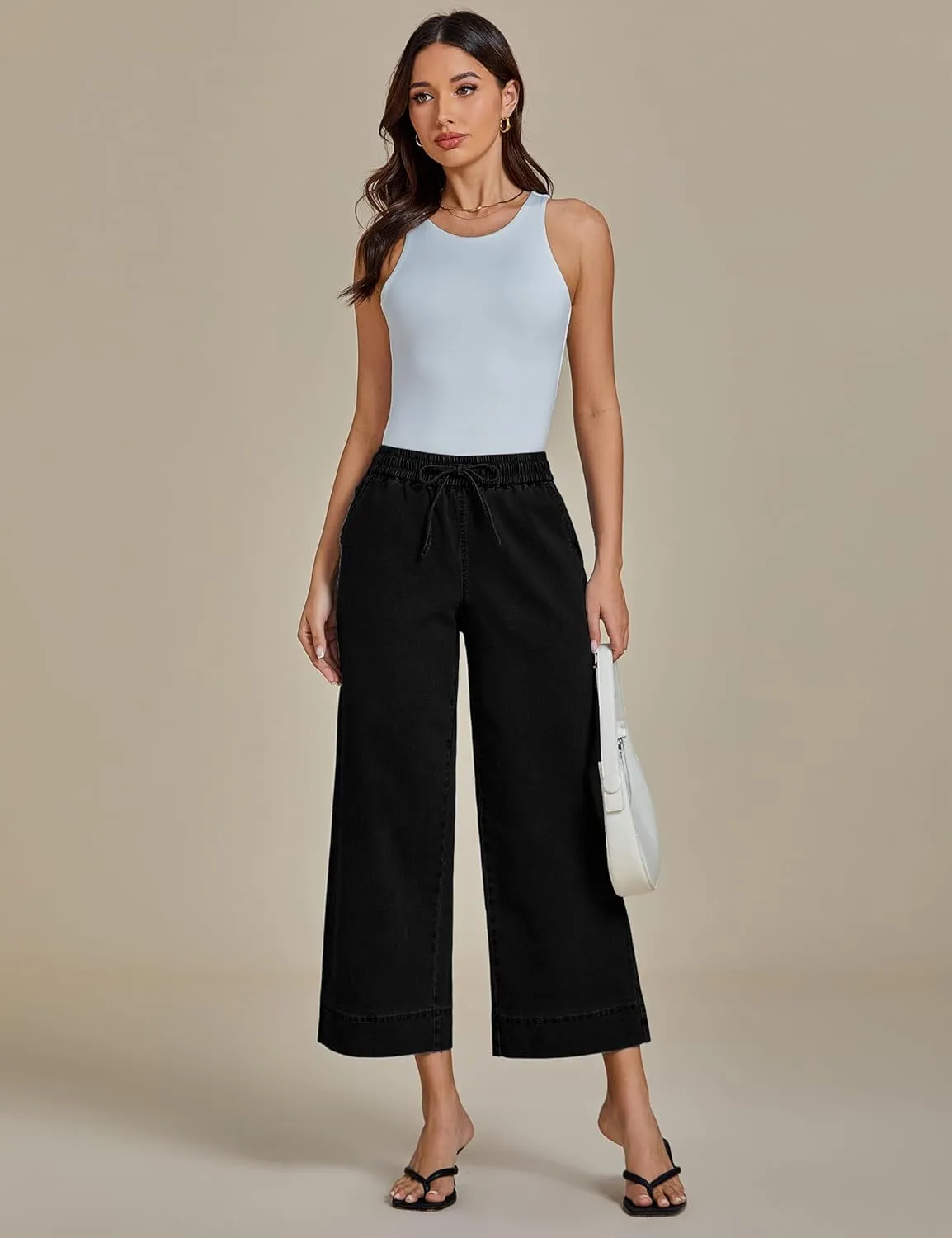 luvamia Wide Leg Jeans for Women High Waisted Cropped Pull On Jeans Elastic Wasit Drawstring Stretch Denim Trouser Pants