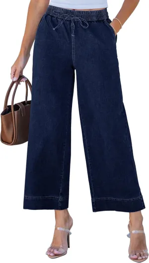 luvamia Wide Leg Jeans for Women High Waisted Cropped Pull On Jeans Elastic Wasit Drawstring Stretch Denim Trouser Pants