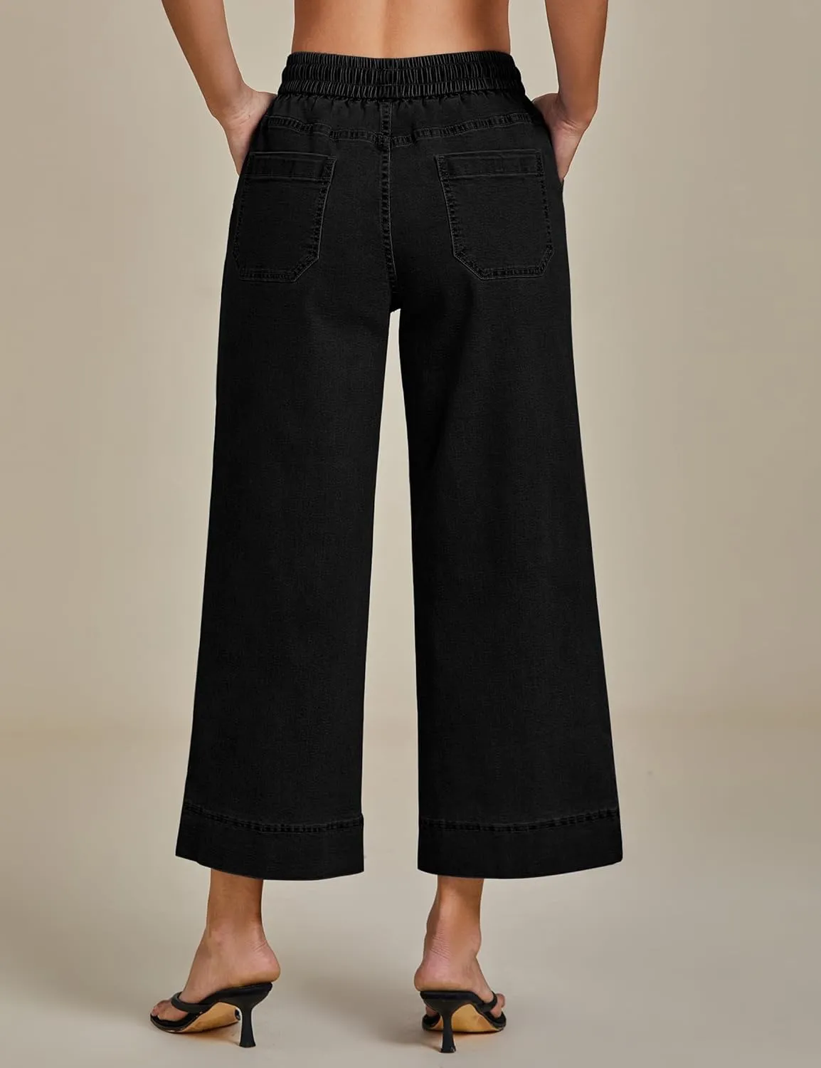 luvamia Wide Leg Jeans for Women High Waisted Cropped Pull On Jeans Elastic Wasit Drawstring Stretch Denim Trouser Pants