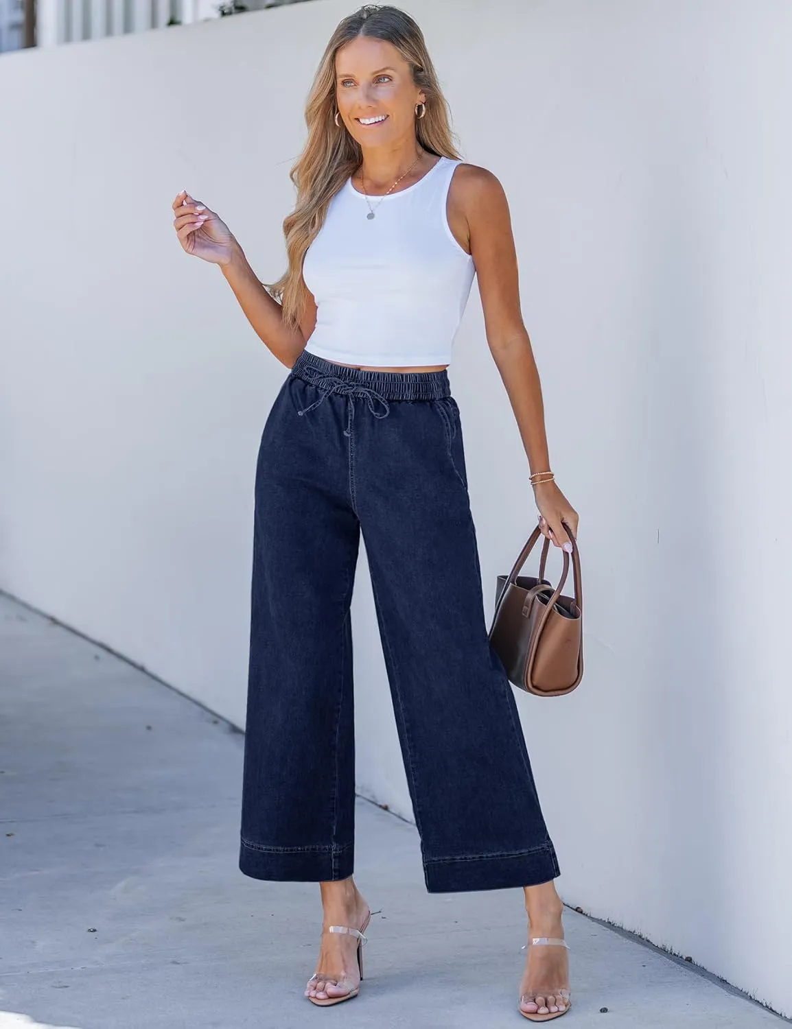 luvamia Wide Leg Jeans for Women High Waisted Cropped Pull On Jeans Elastic Wasit Drawstring Stretch Denim Trouser Pants