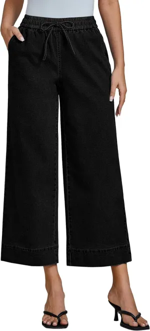 luvamia Wide Leg Jeans for Women High Waisted Cropped Pull On Jeans Elastic Wasit Drawstring Stretch Denim Trouser Pants