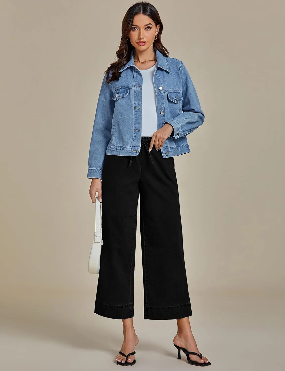 luvamia Wide Leg Jeans for Women High Waisted Cropped Pull On Jeans Elastic Wasit Drawstring Stretch Denim Trouser Pants