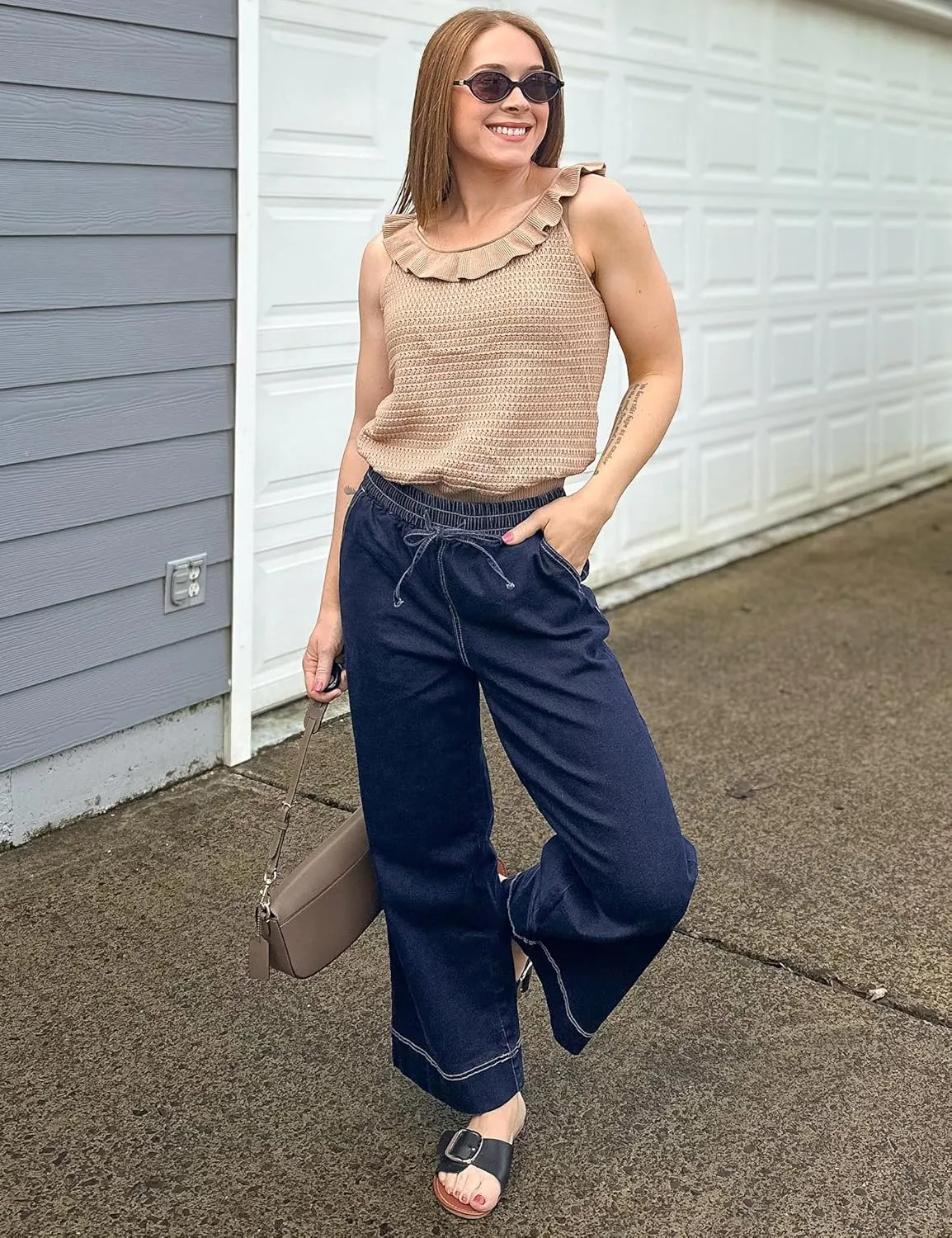 luvamia Wide Leg Jeans for Women High Waisted Cropped Pull On Jeans Elastic Wasit Drawstring Stretch Denim Trouser Pants