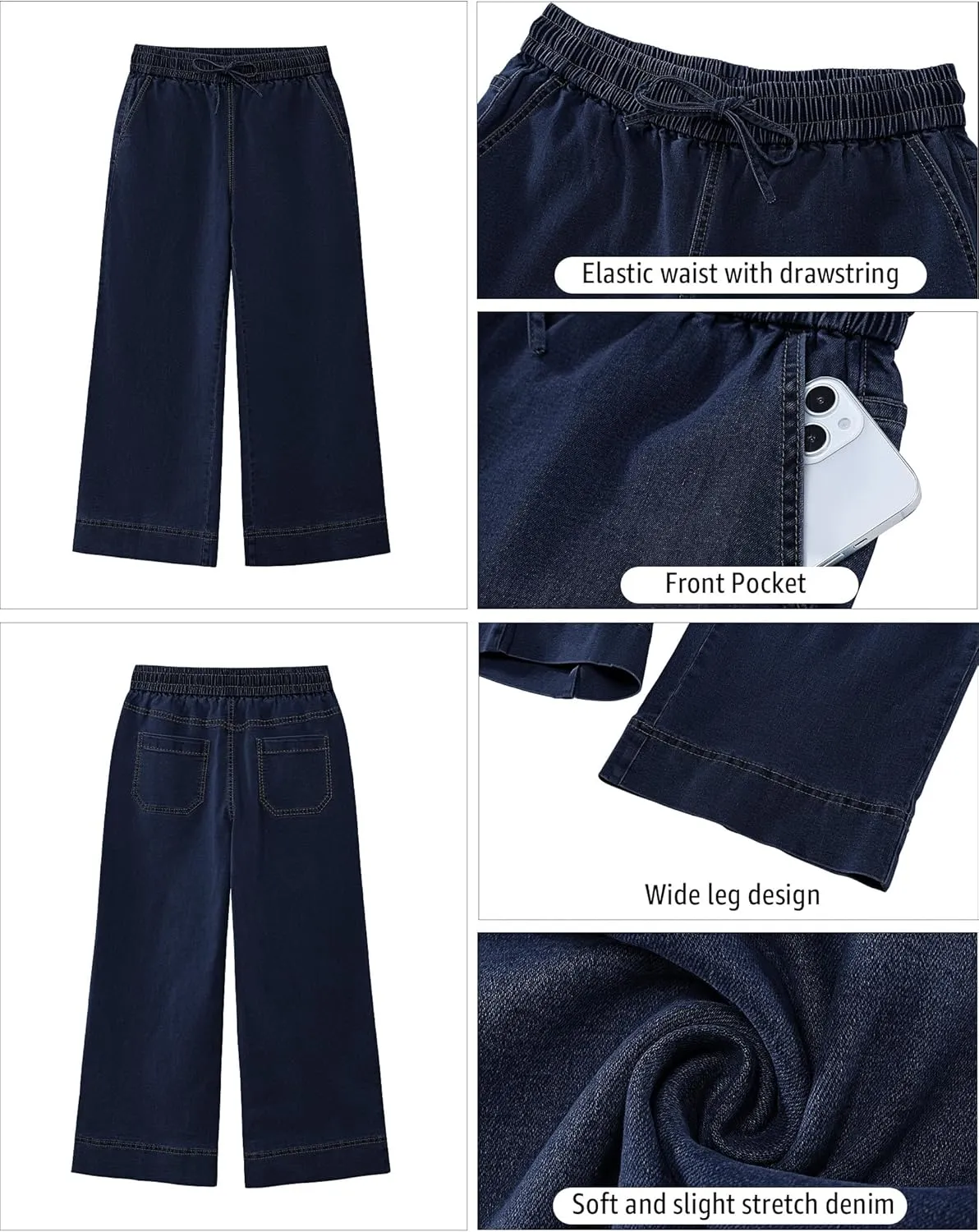 luvamia Wide Leg Jeans for Women High Waisted Cropped Pull On Jeans Elastic Wasit Drawstring Stretch Denim Trouser Pants
