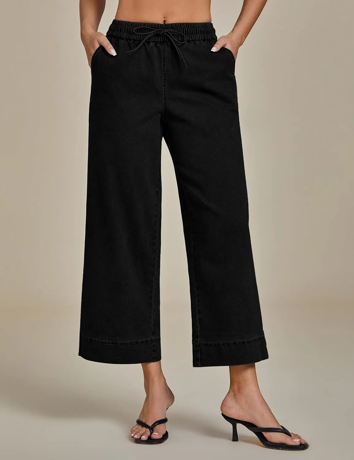 luvamia Wide Leg Jeans for Women High Waisted Cropped Pull On Jeans Elastic Wasit Drawstring Stretch Denim Trouser Pants