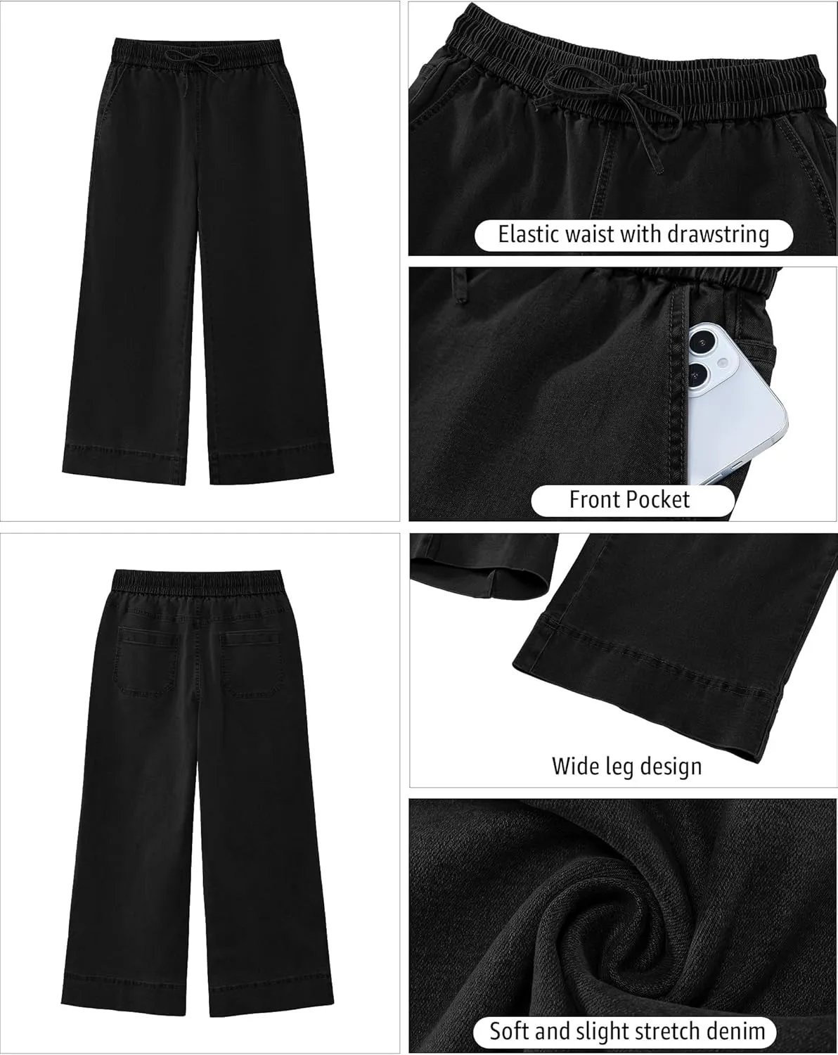 luvamia Wide Leg Jeans for Women High Waisted Cropped Pull On Jeans Elastic Wasit Drawstring Stretch Denim Trouser Pants
