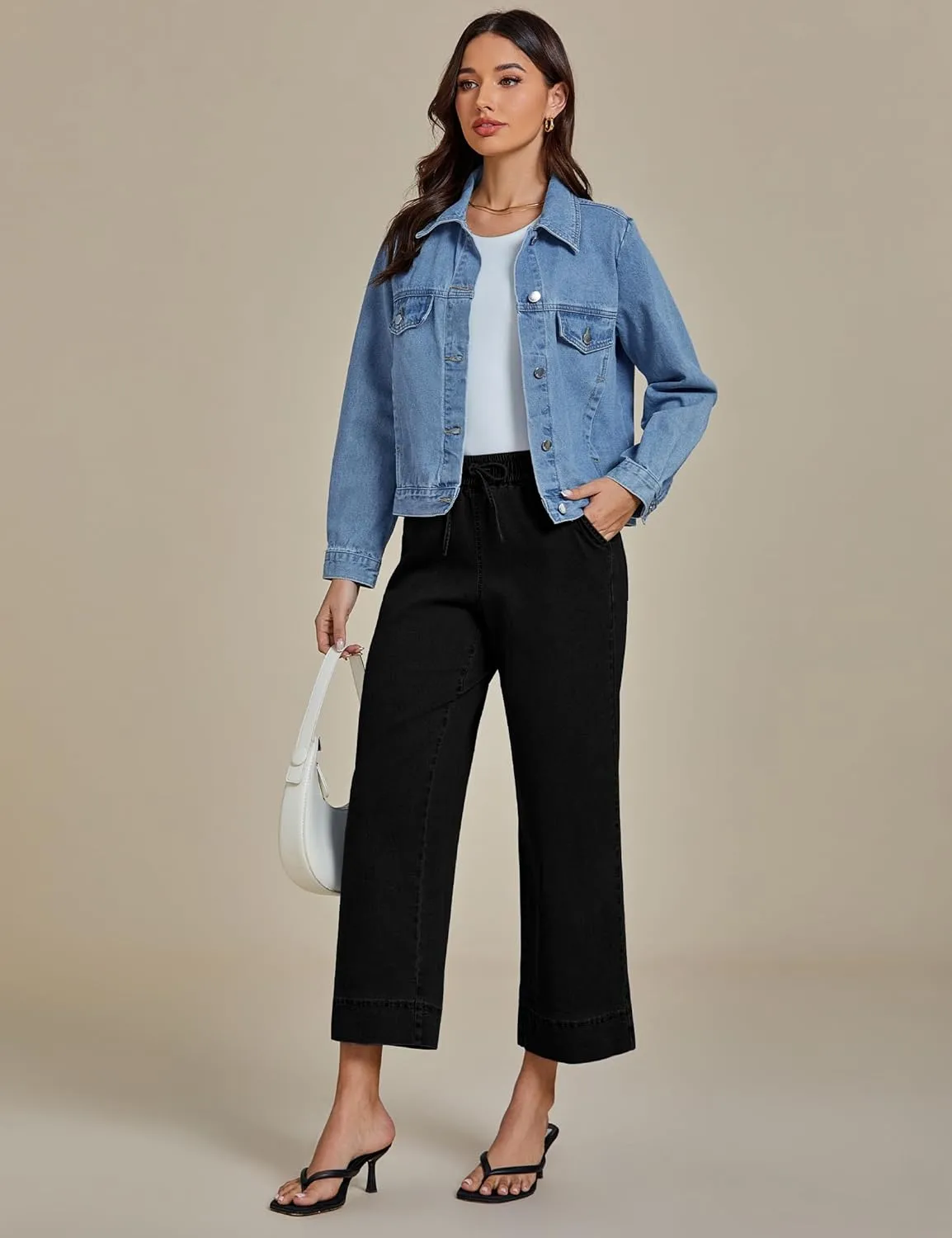 luvamia Wide Leg Jeans for Women High Waisted Cropped Pull On Jeans Elastic Wasit Drawstring Stretch Denim Trouser Pants