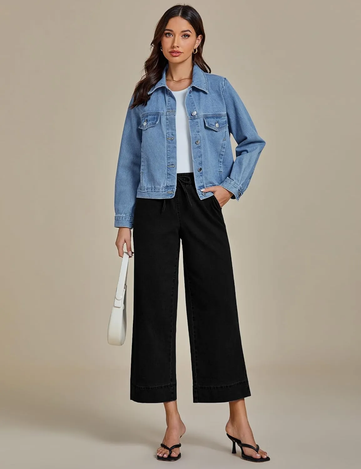 luvamia Wide Leg Jeans for Women High Waisted Cropped Pull On Jeans Elastic Wasit Drawstring Stretch Denim Trouser Pants