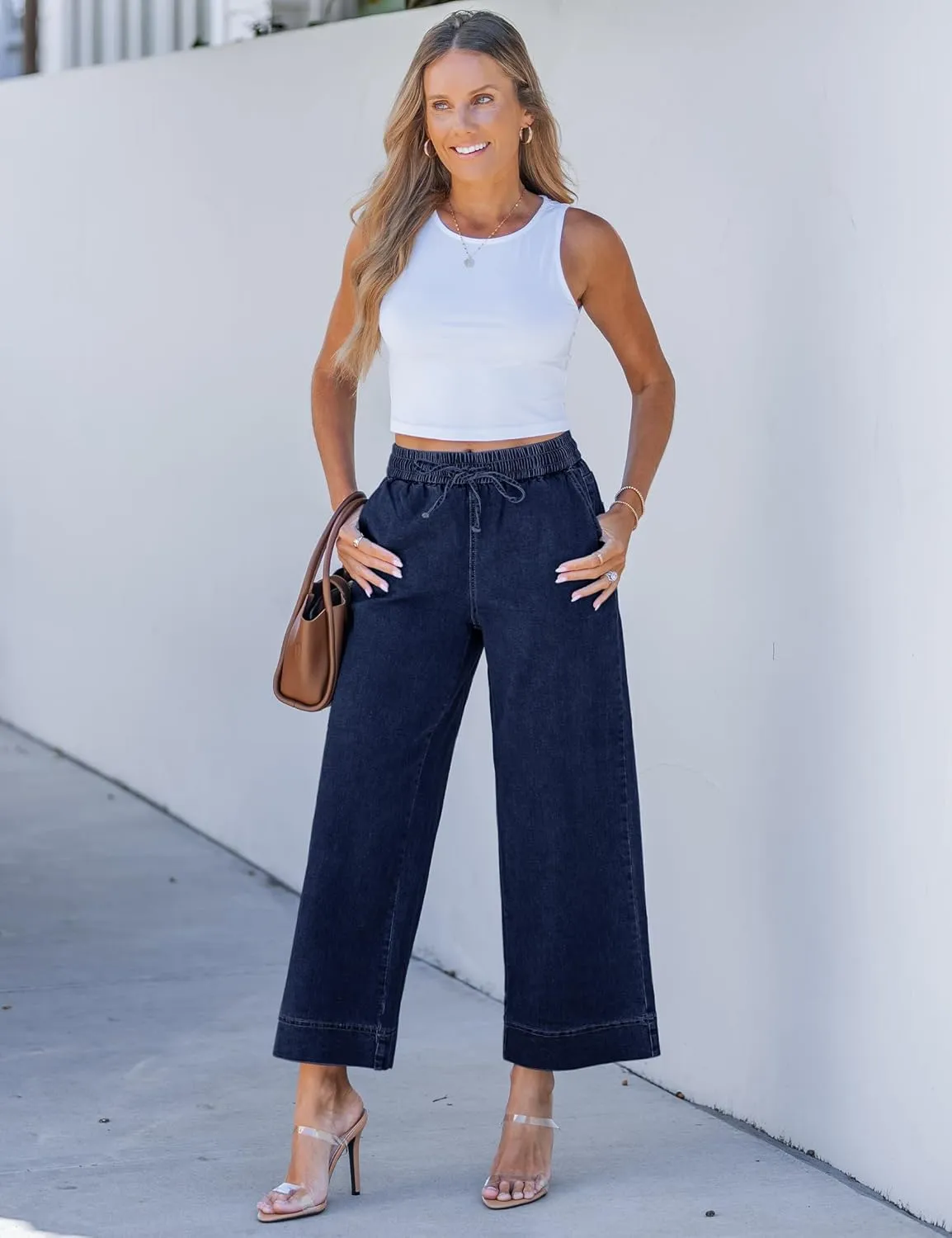 luvamia Wide Leg Jeans for Women High Waisted Cropped Pull On Jeans Elastic Wasit Drawstring Stretch Denim Trouser Pants