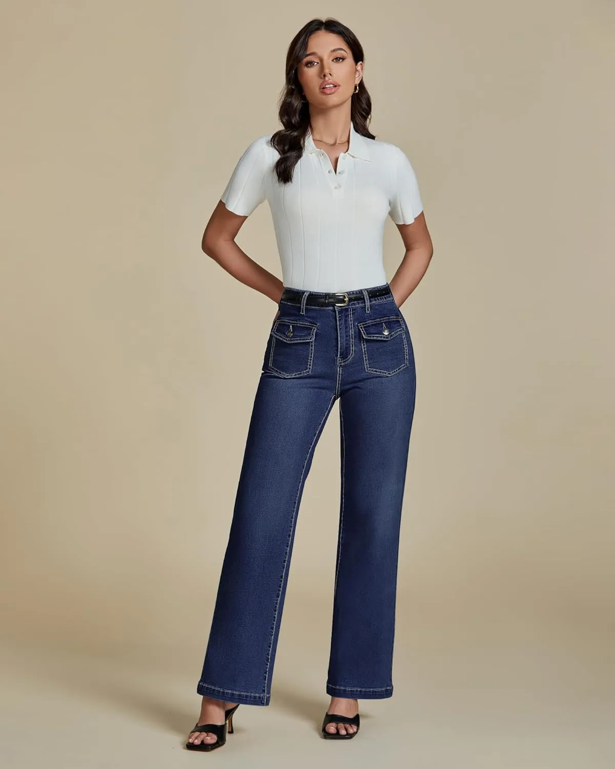 luvamia Wide Leg Jeans Woman High Waisted Trendy Stretchy Denim Work Trouser Jeans with Retro Button Flap Patch Pockets