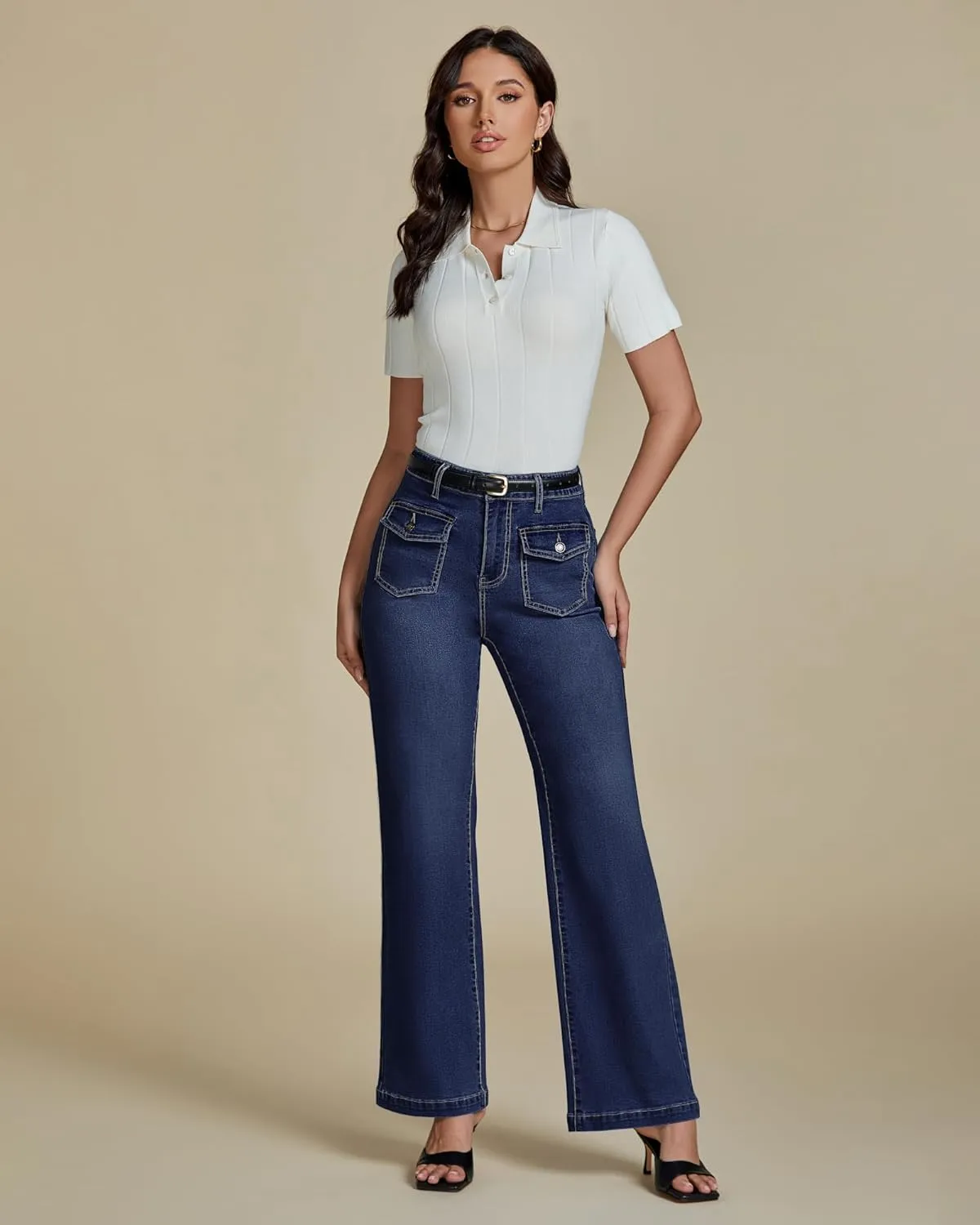 luvamia Wide Leg Jeans Woman High Waisted Trendy Stretchy Denim Work Trouser Jeans with Retro Button Flap Patch Pockets