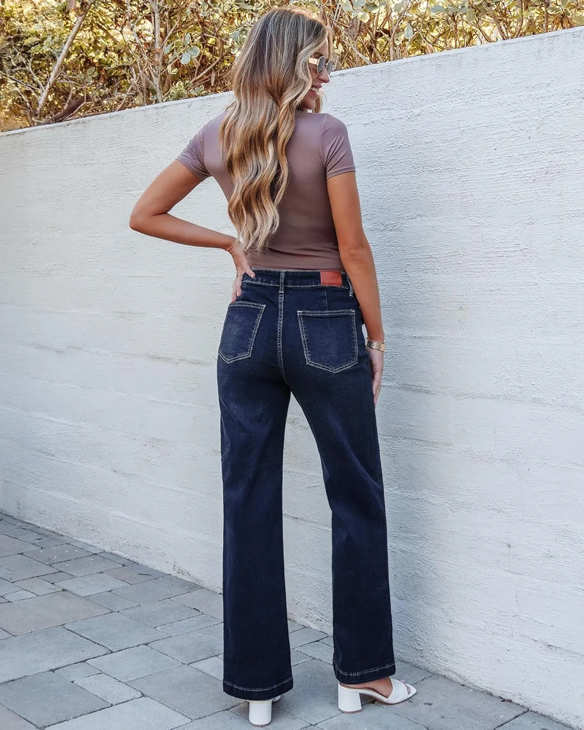 luvamia Wide Leg Jeans Woman High Waisted Trendy Stretchy Denim Work Trouser Jeans with Retro Button Flap Patch Pockets