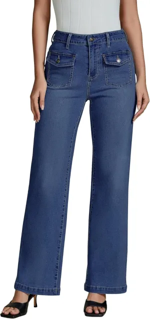 luvamia Wide Leg Jeans Woman High Waisted Trendy Stretchy Denim Work Trouser Jeans with Retro Button Flap Patch Pockets