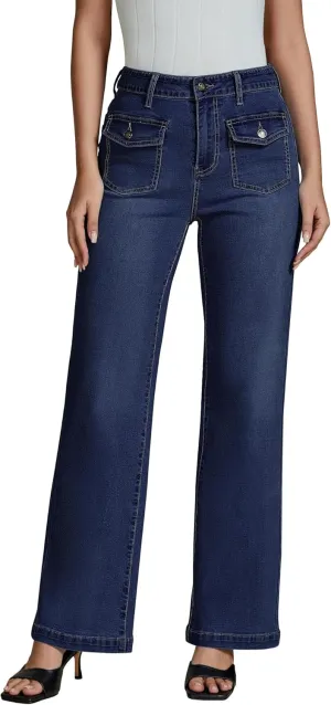 luvamia Wide Leg Jeans Woman High Waisted Trendy Stretchy Denim Work Trouser Jeans with Retro Button Flap Patch Pockets