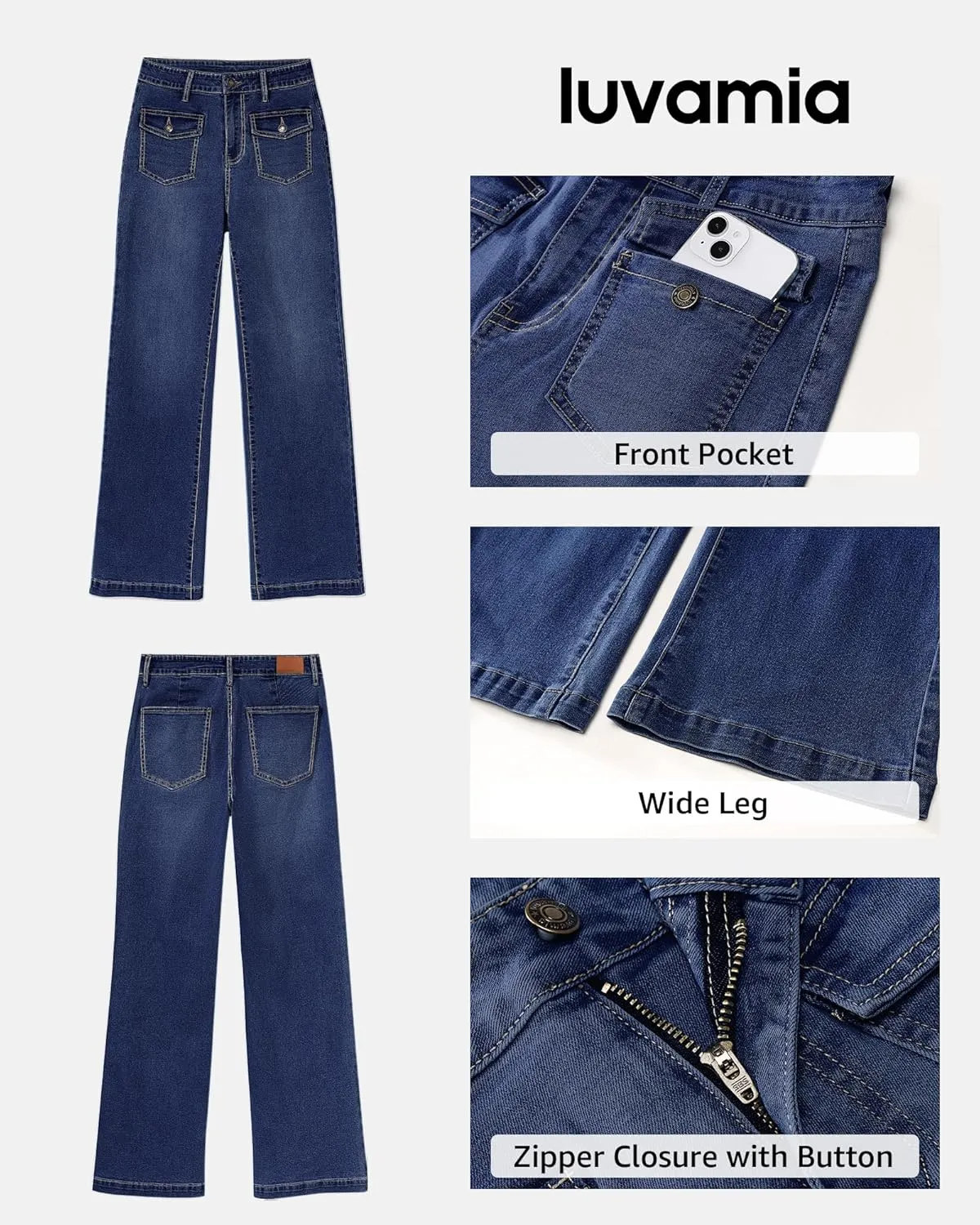 luvamia Wide Leg Jeans Woman High Waisted Trendy Stretchy Denim Work Trouser Jeans with Retro Button Flap Patch Pockets