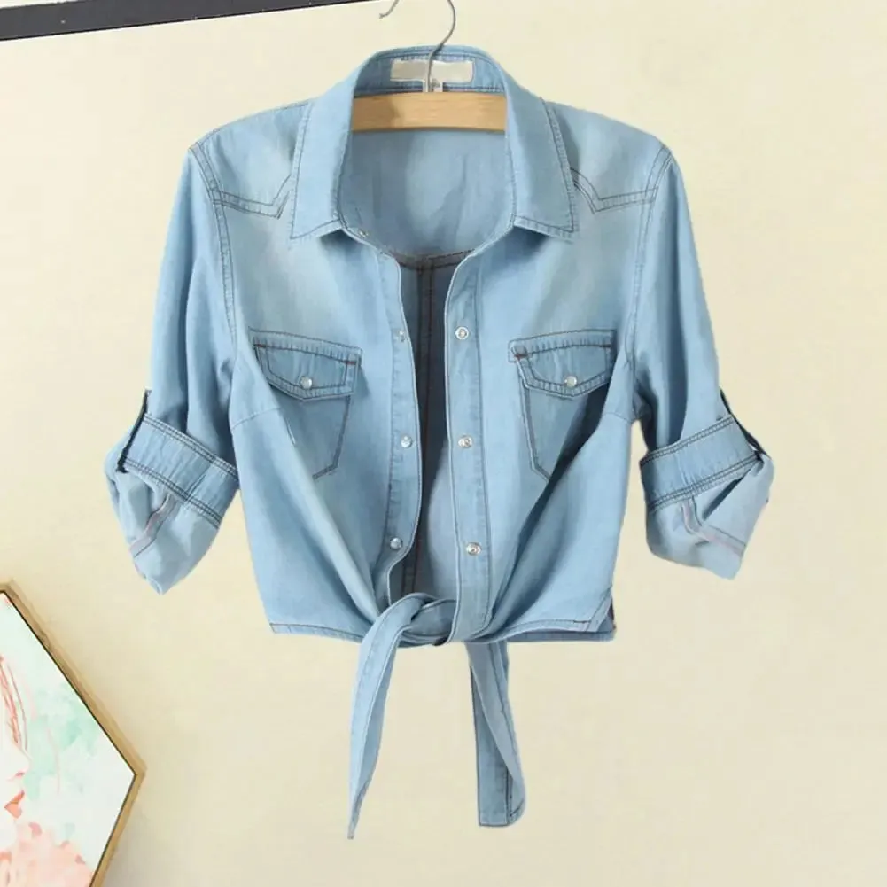 LVSANW Women Lightweight Jacket Women Loose Jacket Chic Half-sleeve Women's Cardigans Turn-down Collar Lace-up Design Shirt
