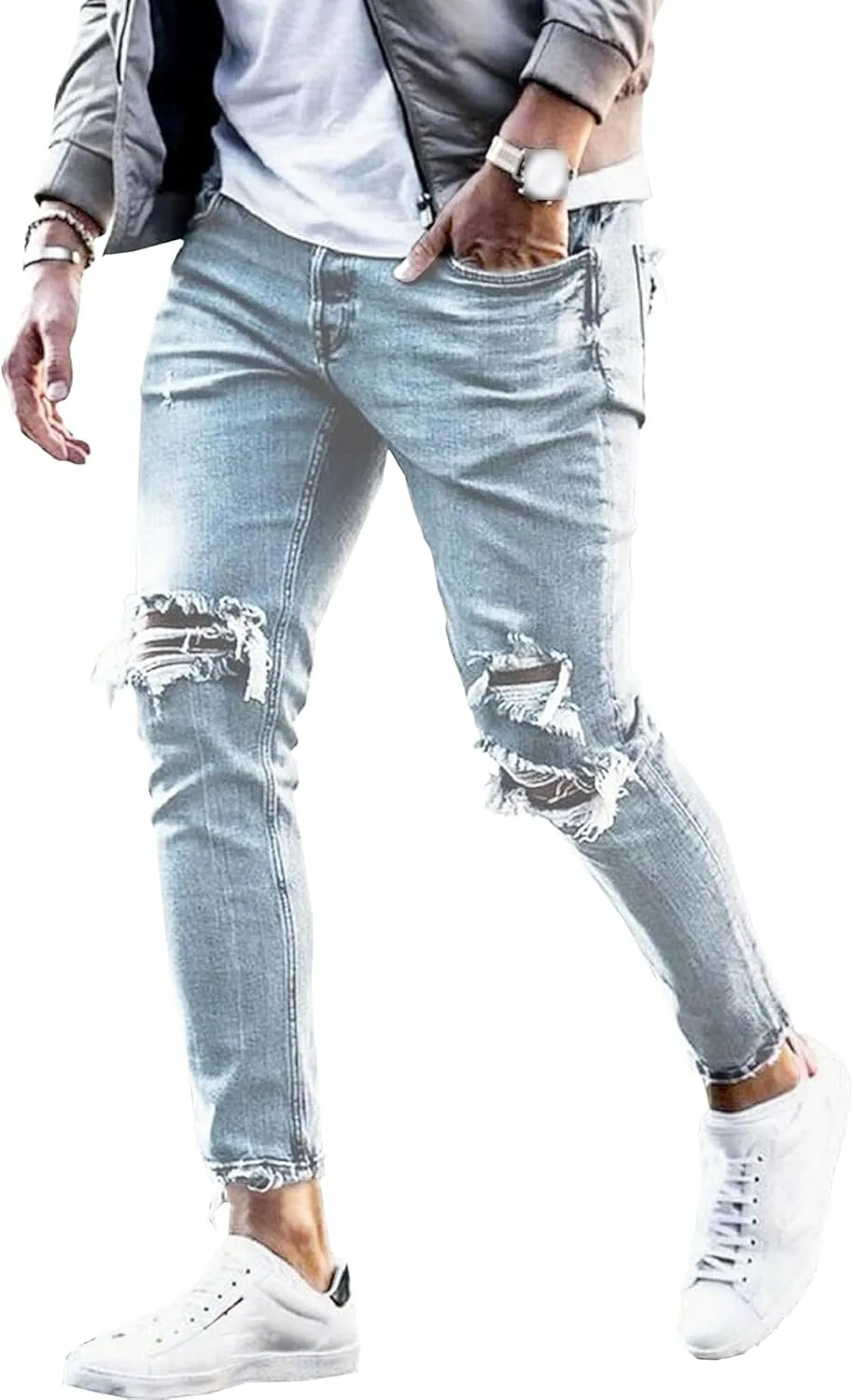 Maiyifu-GJ Mens Slim Fit Ripped Jeans Stretch Skinny Biker Jeans for Men Fashion Distressed Tapered Leg Denim Pants