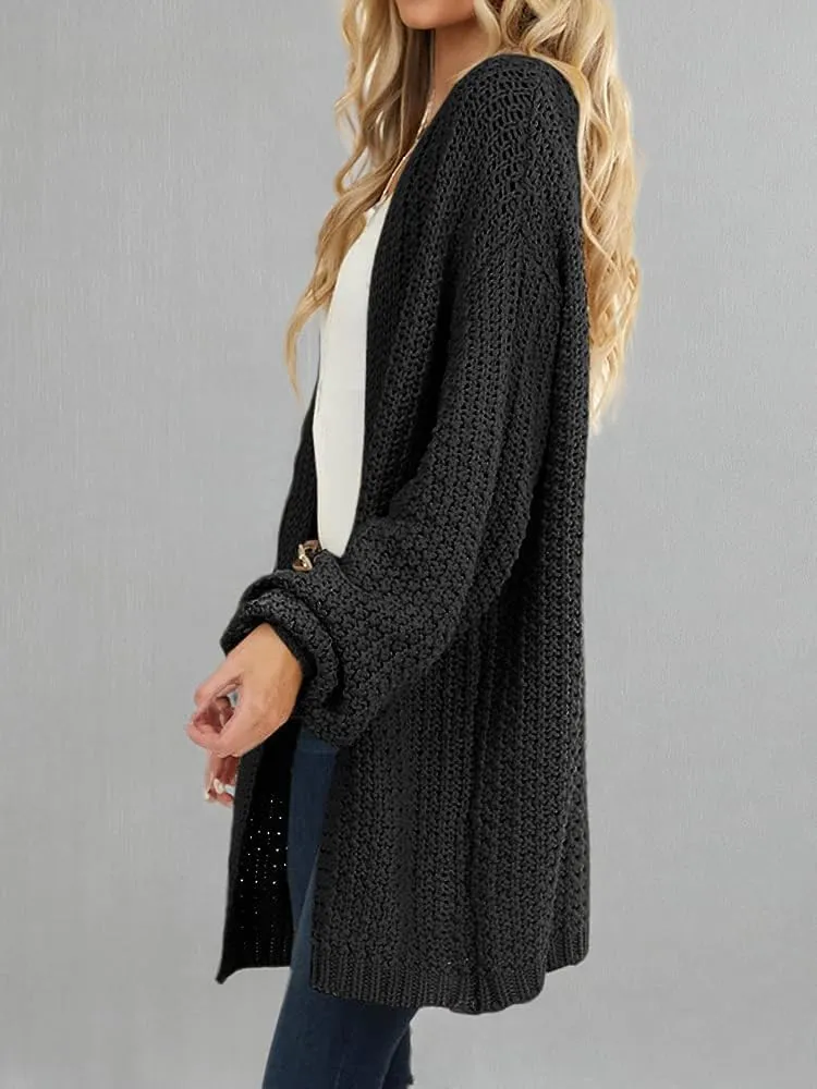 Maroway Womens Cardigan Solid Color Long Sleeve Open Front Chunky Knit Sweater Outwear
