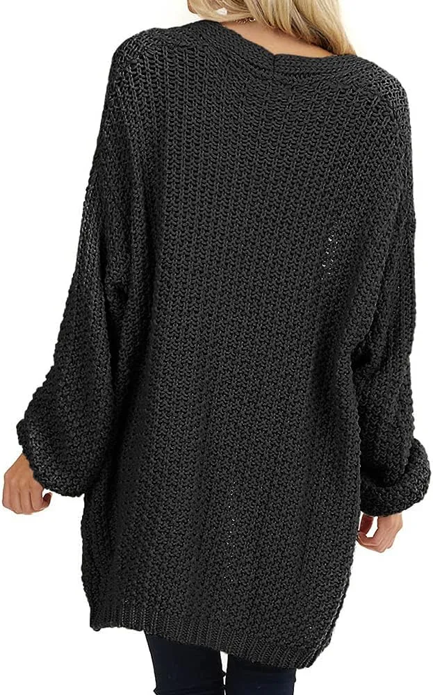 Maroway Womens Cardigan Solid Color Long Sleeve Open Front Chunky Knit Sweater Outwear