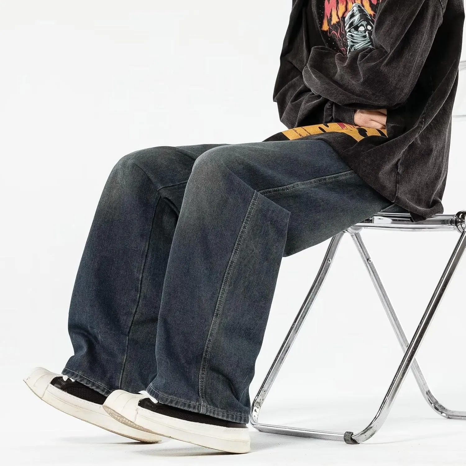 Men Jeans Vintage Mid Rise Baggy Straight Leg Jeans, Casual Stretch Loose Fit Hip Hop Denim Pants Streetwear