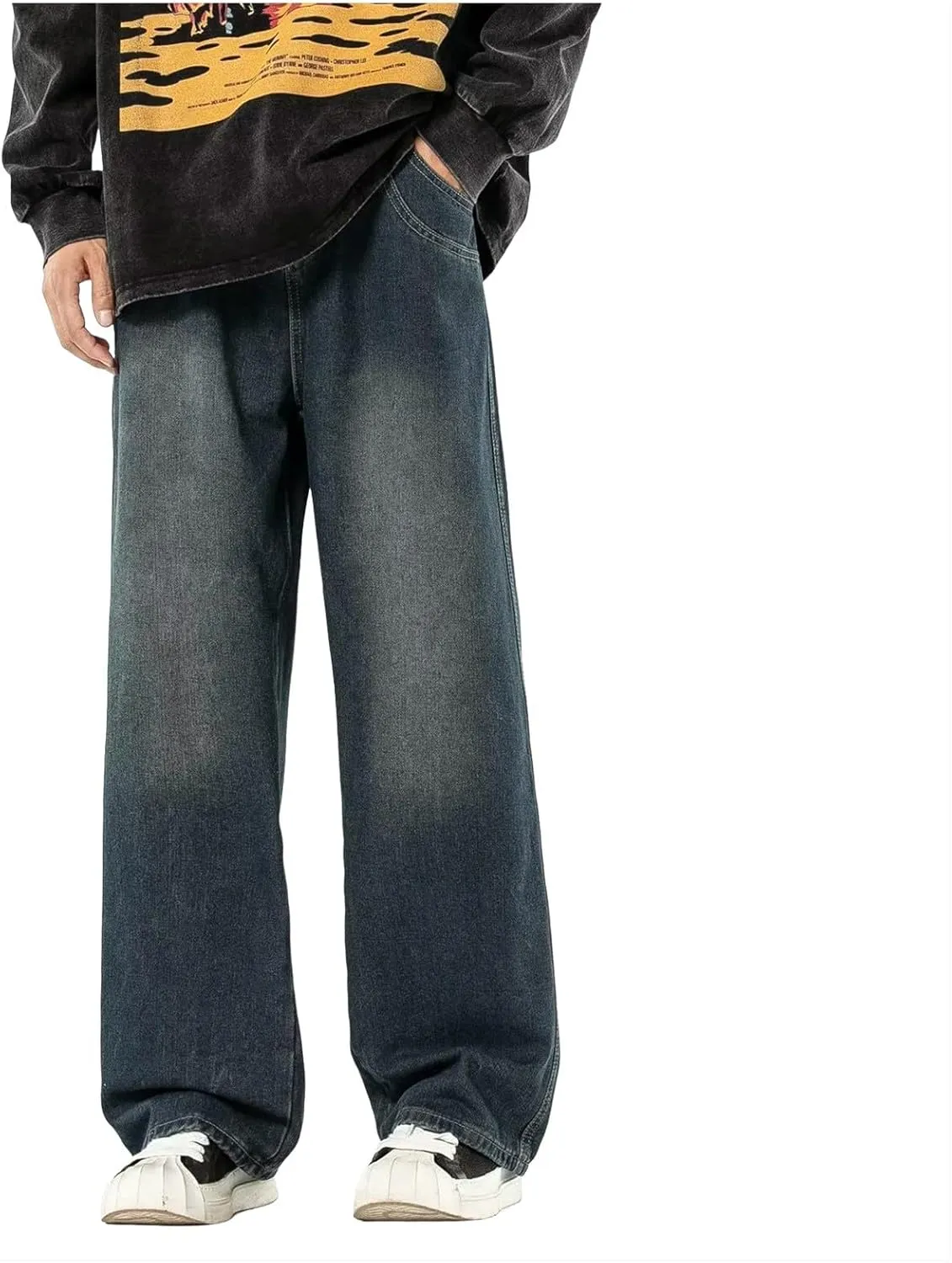 Men Jeans Vintage Mid Rise Baggy Straight Leg Jeans, Casual Stretch Loose Fit Hip Hop Denim Pants Streetwear