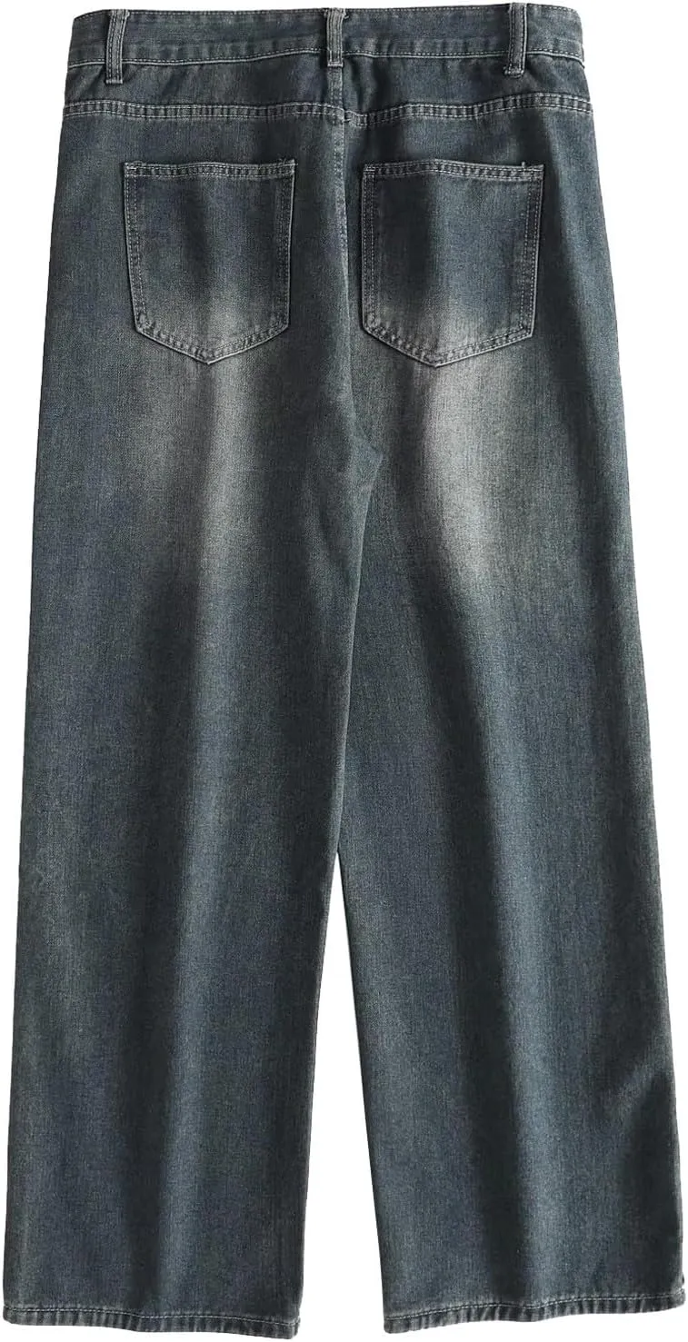 Men Jeans Vintage Mid Rise Baggy Straight Leg Jeans, Casual Stretch Loose Fit Hip Hop Denim Pants Streetwear