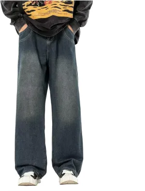 Men Jeans Vintage Mid Rise Baggy Straight Leg Jeans, Casual Stretch Loose Fit Hip Hop Denim Pants Streetwear
