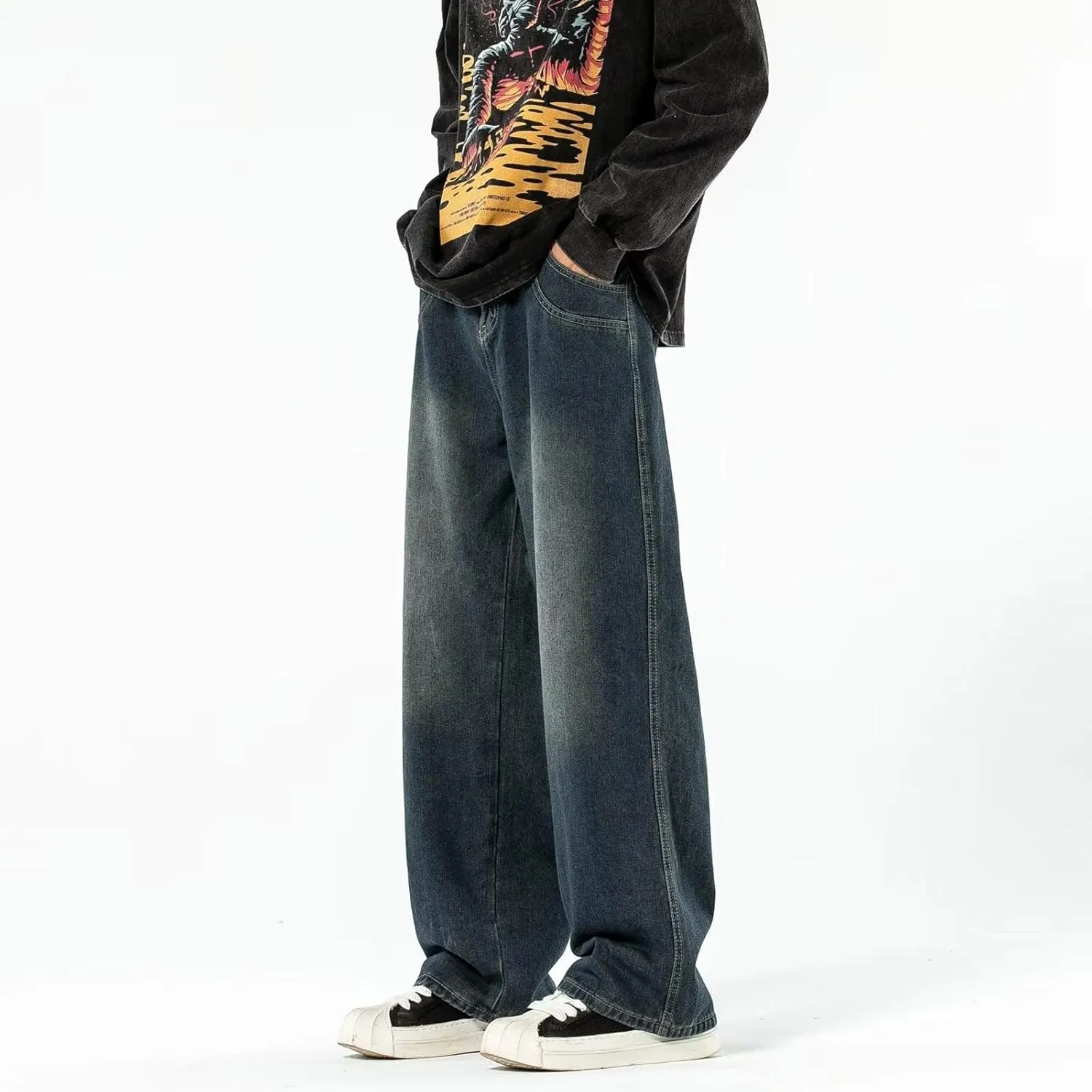 Men Jeans Vintage Mid Rise Baggy Straight Leg Jeans, Casual Stretch Loose Fit Hip Hop Denim Pants Streetwear