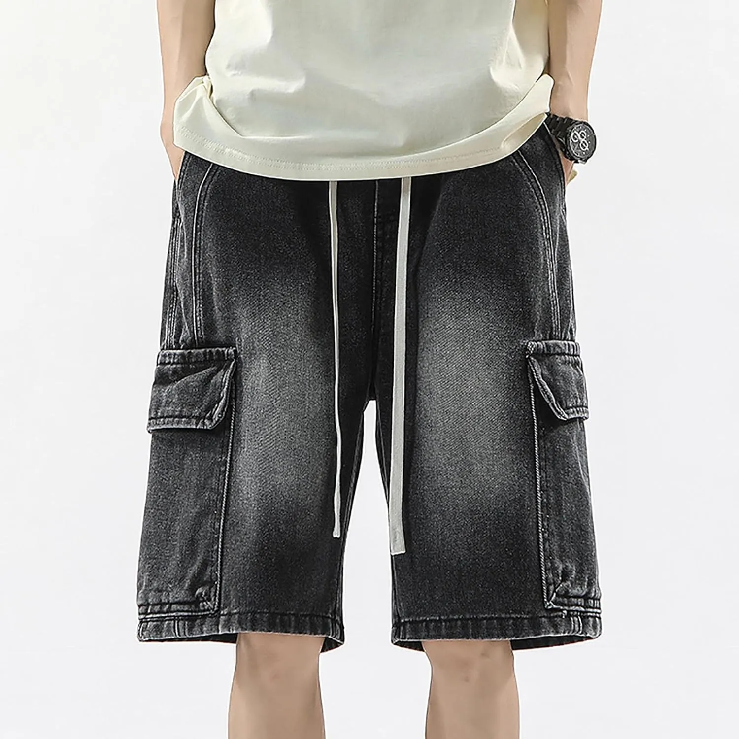 Mens Baggy Denim Jorts Y2K Vintage Loose Fit Hip Hop Jean Shorts Wide Leg Long Jeans Streetwear Clothes