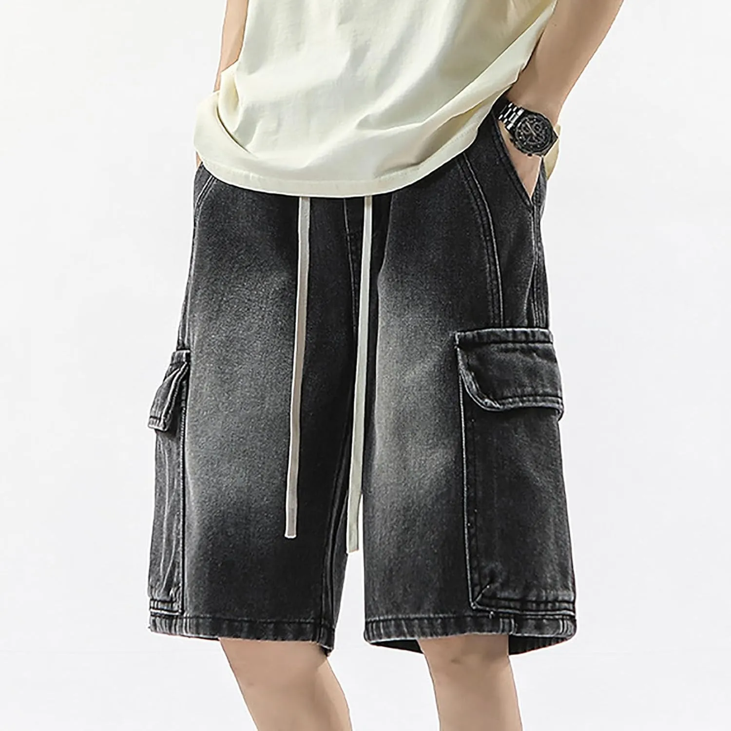 Mens Baggy Denim Jorts Y2K Vintage Loose Fit Hip Hop Jean Shorts Wide Leg Long Jeans Streetwear Clothes