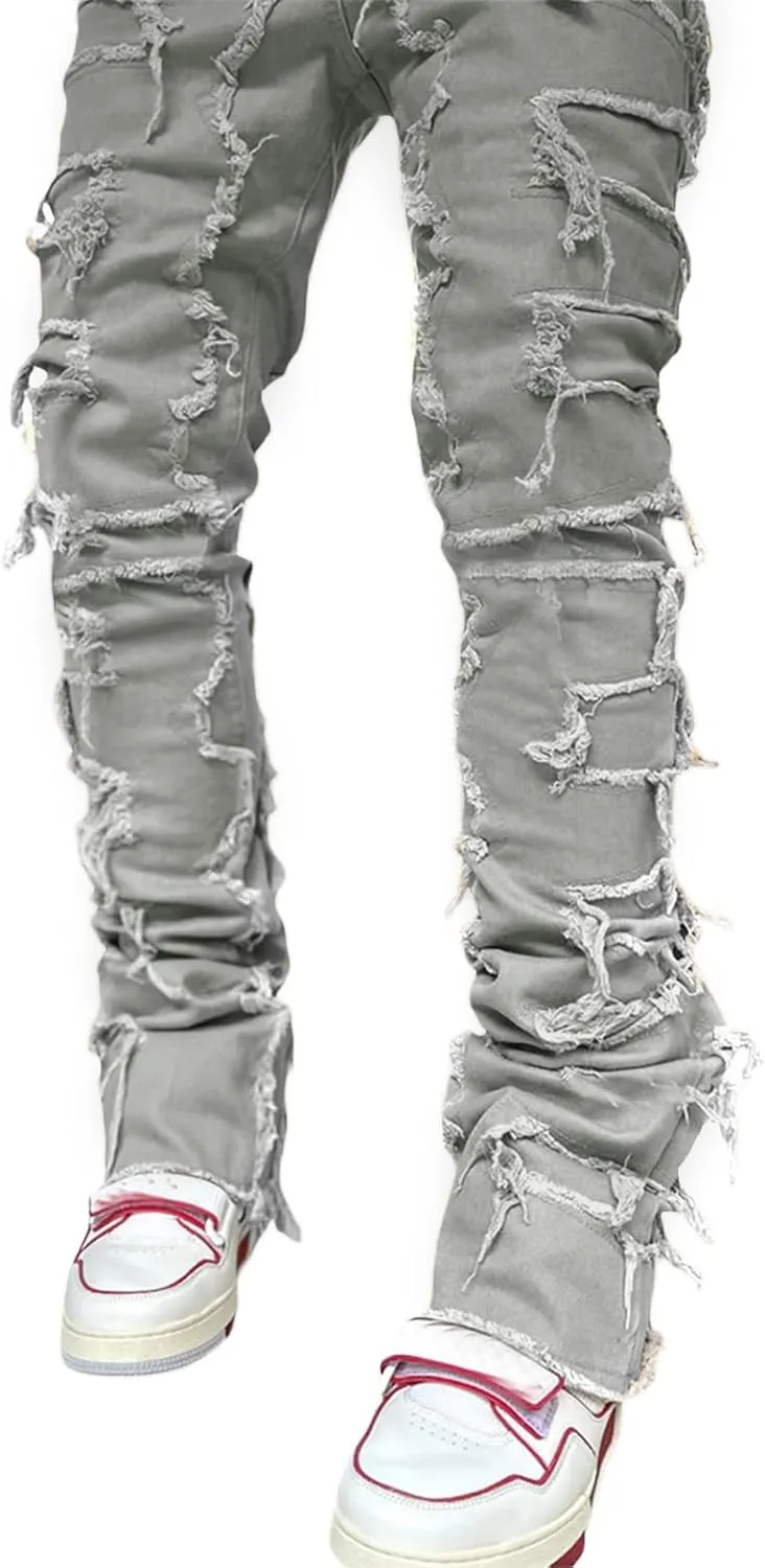 Men's Black Stacked Jeans Ripped Jeans Patch Distressed Destroyed Denim Trousers Streetwear Men Pants Daily Fit