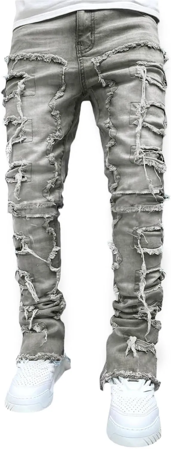 Men's Black Stacked Jeans Ripped Jeans Patch Distressed Destroyed Denim Trousers Streetwear Men Pants Daily Fit