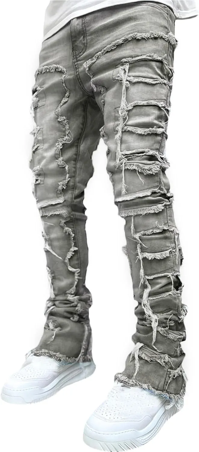 Men's Black Stacked Jeans Ripped Jeans Patch Distressed Destroyed Denim Trousers Streetwear Men Pants Daily Fit